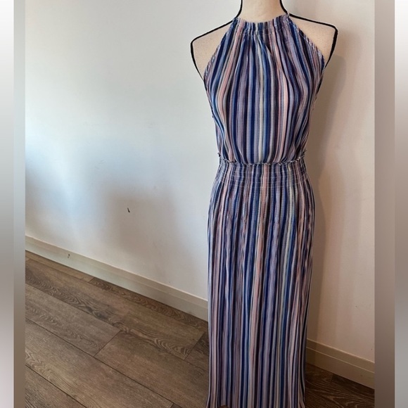 Dynamite Dresses & Skirts - Dynamite Striped Blue Multicolour Maxi Dress Slit Tie Neck